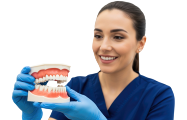 Dentist demonstrating dental hygiene model with a patient education focus isolated on transparent bg, cutout png