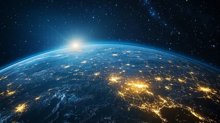 Earth at Night with City Lights and Sunrise Glow in Space