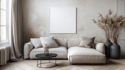 Modern, neutral living room with a blank canvas