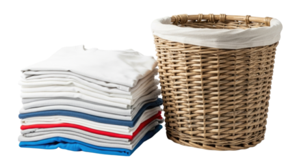 Clean folded laundry next to a wicker basket on a white background, cutout isolated on transparent bg, cutout png