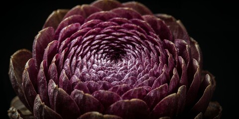 Obraz premium Intricate Macro of a Dark Red Botanical Spiral with Textured Petals on Black