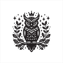 Obraz premium Regal Owl with Crown and Floral Wreath Celestial Design.