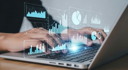 Person typing on laptop with holographic financial charts and graphs overlay technology business 2