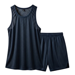 Navy blue mesh athletic tank top and shorts set on transparent background