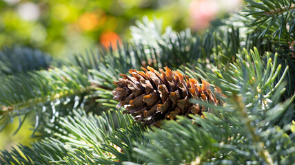 Pine cone nestled among vibrant green needles, capturing the essence of nature's tranquility in...