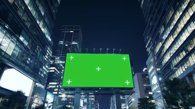 Large Green Screen Billboard in Modern City at Night, Ready for Digital Advertising and Mockups