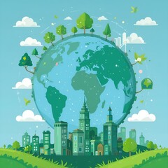 World environment and sustainable development concept with ecology icons. Environment vector illustrator template with green city flat design, eco friendly, green technology and green business.