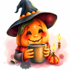 Autumn Witch with Smiling Pumpkin
