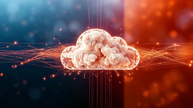 Futuristic cloud computing with digital technology and network connections, representing modern data transfer and storage.