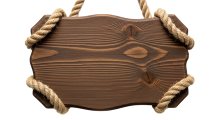 Wooden signboard with rope details for decoration and signage cutout isolated on transparent bg, cutout png