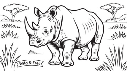 Fototapeta premium Majestic Rhino in Black and White Wildlife Drawing with Natural African Habitat
