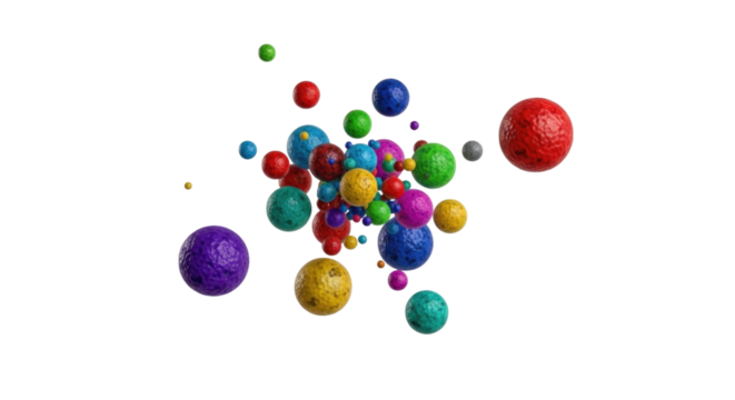 Colorful abstract spheres in various sizes floating above a white background isolated on transparent bg, cutout png