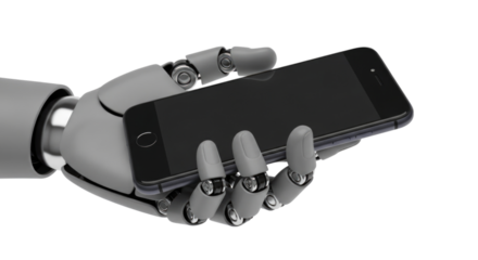 Robot hand holds smartphone, demonstrating advanced technology and automation cutout isolated on transparent bg, cutout png