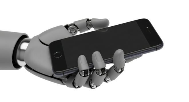 Robot hand holds smartphone, demonstrating advanced technology and automation cutout isolated on transparent bg, cutout png - Powered by Adobe
