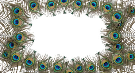 Obraz premium Decorative peacock feather border with vivid colors isolated on transparent bg, cutout png