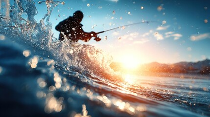 Naklejka premium Silhouette of man fishing in dramatic ocean waves at sunrise, with splashing water in foreground and golden light reflecting on the sea surface
