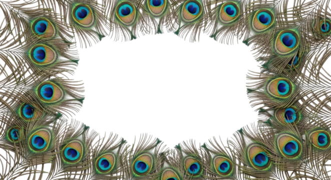 Decorative peacock feather border with vivid colors isolated on transparent bg, cutout png