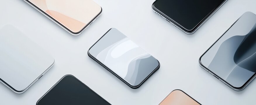 A collection of modern smartphones showcased on a clean, minimalist surface. The devices feature sleek designs with varied colors, emphasizing innovation and aesthetics in technology. Perfect for