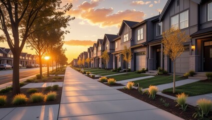 Obraz premium Row of modern townhouses lines a sidewalk at sunset creating idyllic suburban neighborhood scenery with vibrant sky and lush greenery.