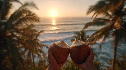 Tropical sunrise celebration with fresh coconuts held high, overlooking a palm-fringed beach and glowing ocean horizon on a warm summer morning