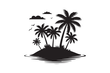 Obraz premium Island Paradise Silhouette Tropical Scene with Palm Trees and Birds