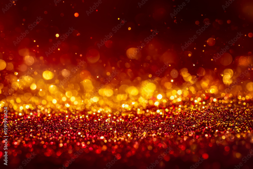 Poster sparkling golden and red bokeh effect with glittering particles