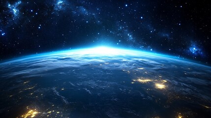 Fototapeta premium Earth View From Space at Sunrise with City Lights and Stars