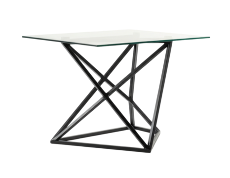 Modern glass top table with geometric metal legs cutout isolated on transparent bg, cutout png