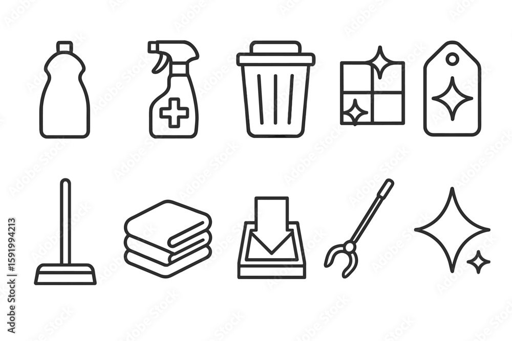 Aufkleber cleaning and organization line icon set. tidy, neat symbols outline style collection