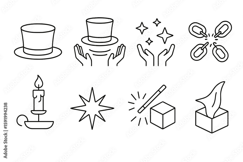 Poster magic and illusion line icon set. wizardry, trickery visuals in linear style