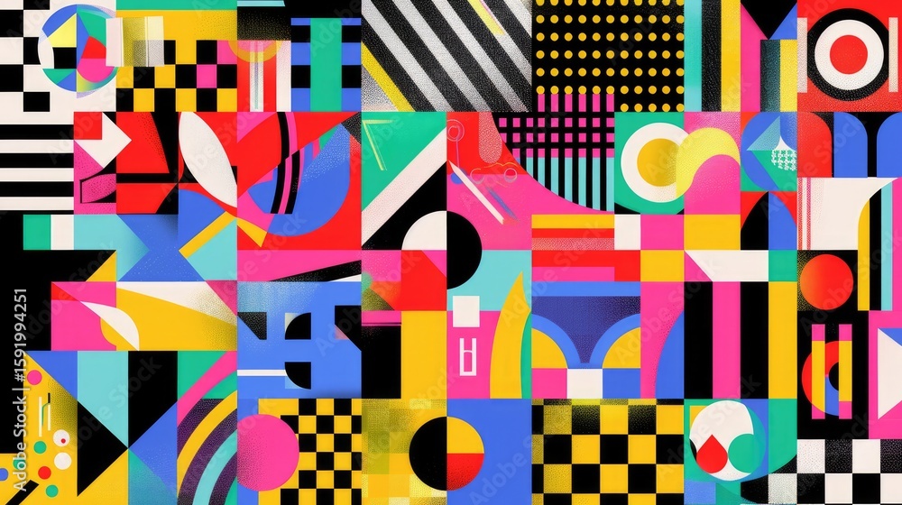 Poster Colorful abstract geometric shapes and patterns. Digital artwork of vibrant color of shape with overlapping style for background. Abstract artwork of colorful shape. Design for poster, print. AIG51.