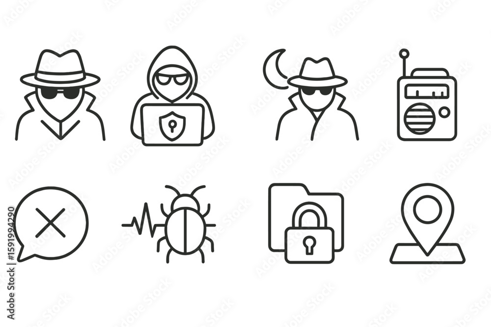 Poster hacking and security outline icon set. spy, virus, cybersecurity icons collection