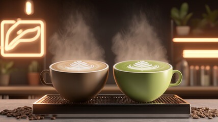 Obraz premium Matcha and Coffee Latte Art Cups in Trendy Neon Café