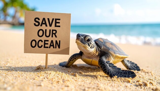 Turtle on beach holds a sign that says "Save Our Ocean