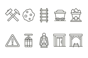 Mining equipment linear icon set. tools, safety, resources, cart icons outline collection