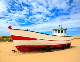 Naklejka premium Fishing boat on a sandy beach under a partly cloudy sky