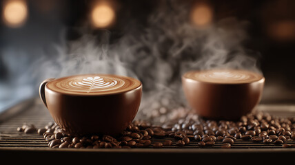 Two Brown Coffee Cups with Latte Art on Espresso Machine &ndash; Warm Caf&eacute; Mood