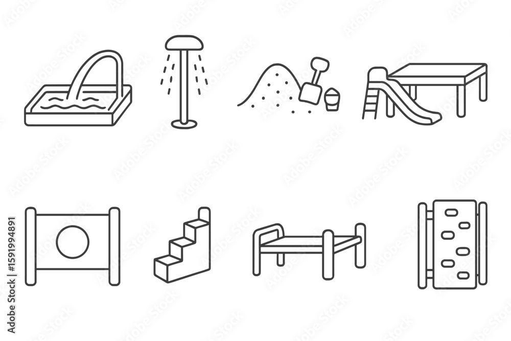 Poster playground, recreation linear icon set. slides, swings, sandbox line collection