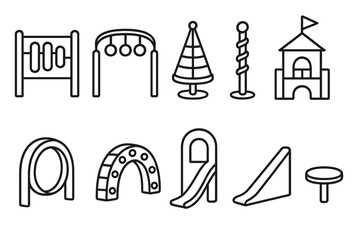 Playground equipment line icon set for kids. outdoor activity, fun, park icons collection