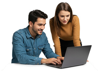 Man woman collaborating on a laptop transparent background