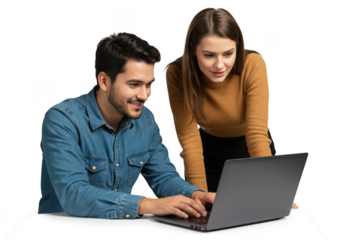 Man woman collaborating on a laptop transparent background