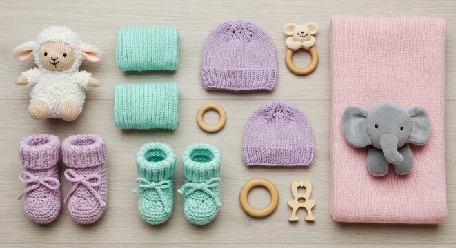 Delicate baby essentials: Knitwear and toys in pastel shades for newborns - Powered by Adobe