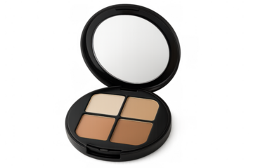 Makeup palette displaying mirror and contouring powder shades, arranged neatly on transparent background