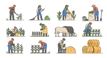 Fototapeta premium Farmers working in gardens cultivating plants harvesting crops raising animals and gathering hay bales