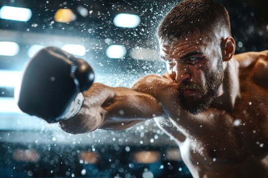 Boxer delivering a powerful uppercut in boxing gym action-packed sports scene intense environment close-up viewpoint motion concept