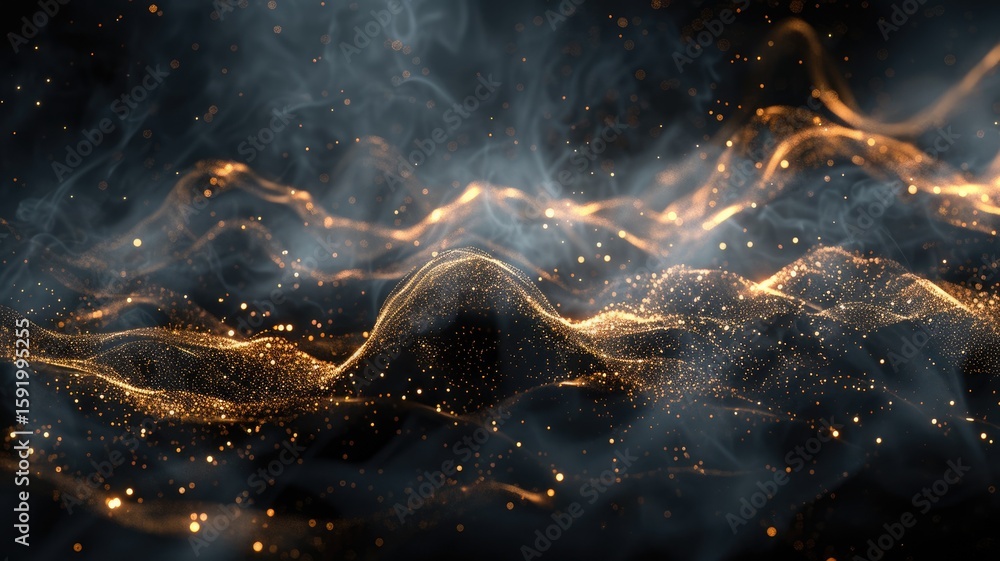 Poster the picture of vague gold of sparkling particles scattered across a deep black background, create an
