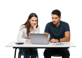 Couple working together on a laptop with calculator transparent background