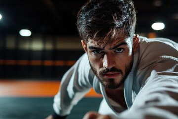 Brazilian jiu-jitsu athlete grappling in training session brazilian gym action shot intense environment close-up perspective for maximum engagement
