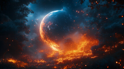 Mysterious alien planet illuminated by fiery nebulae and distant stars in deep space