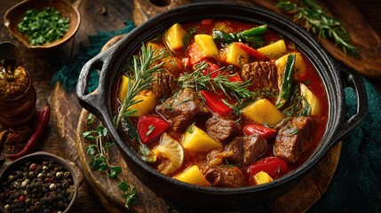 Namibia dish Potjiekos Meat and vegetable stew cooked in cast iron pot chunky and hearty